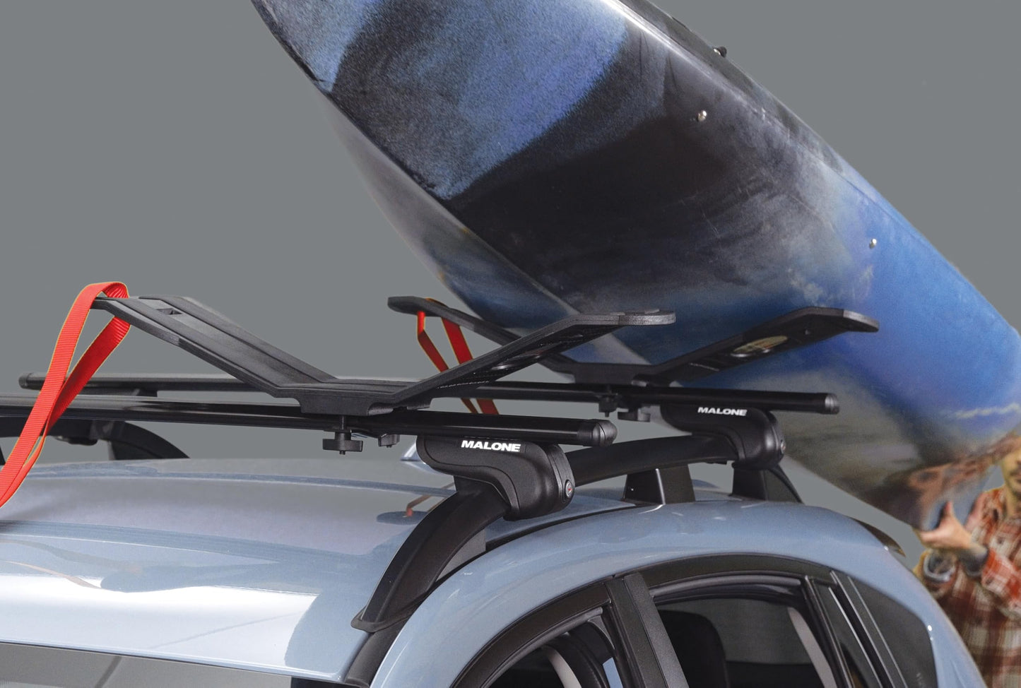 Malone SeaWing Saddle Style Universal Car Roof Rack Kayak Carrier with Bow & Stern Tie-Downs – 70 lb Capacity, V-Style Cradles, No-Tool Install, Jawz Mount, Corrosion-Resistant Nylon