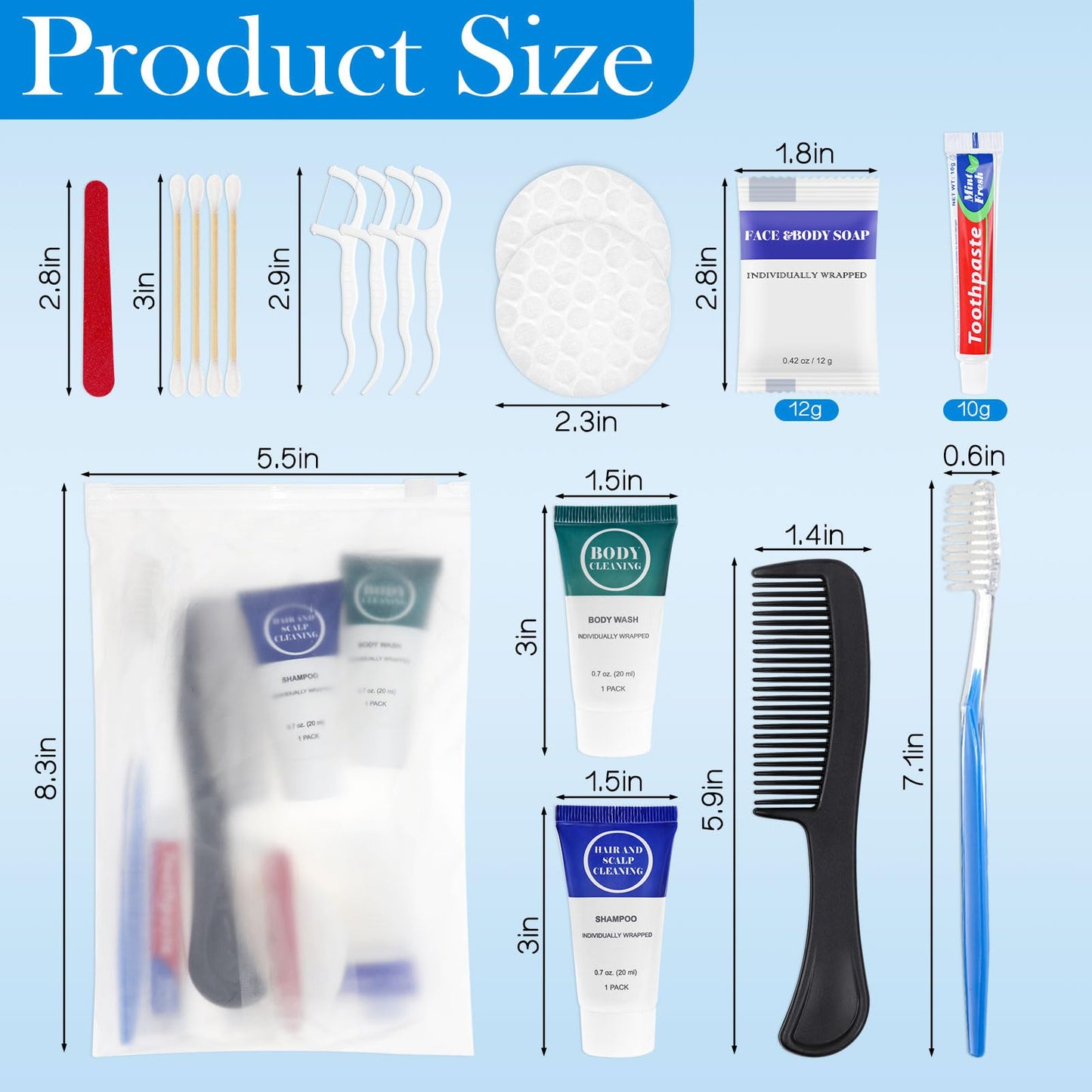 Toiletry Kits Travel Essentials Disposable Hygiene in Bulk, Trial Size Toiletries Supplies Individually Wrapped Traveling Personal Care Items, for Camping, Hotel, Homeless, Charity, 8-in-1 (100-Pack)