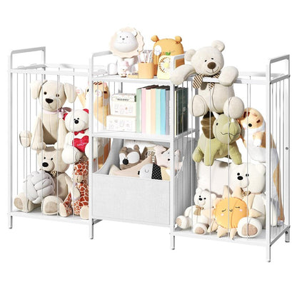 MAHANCRIS Stuffed Animal Storage, Large Stuffed Animal Net with Kids Bookshelf and Toy Storage, Double-Sided Plush Toy Holder with Movable Fabric Box for Kids Room, Playroom, Nursery, White TBWT17101