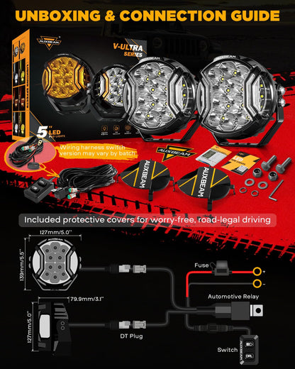 Auxbeam V-Ultra Series Side Shooter Light Bar, 5Inch 172W Round Offroad Lights LED Pods 20400LM, Amber DRL & Spotlight Dual Color 270° Wider Off Road Lighting with Protective Covers, Pair