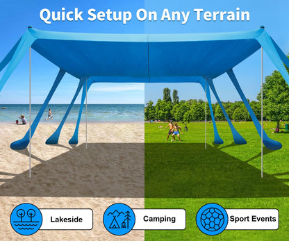 13x10FT Beach Tent Sun Shelter – UPF50+ Outdoor Canopy with 10 Sandbags, Sand Shovel, Ground Pegs & Stability Poles – Portable Shade for Camping, Fishing, Picnics & Beach Trips