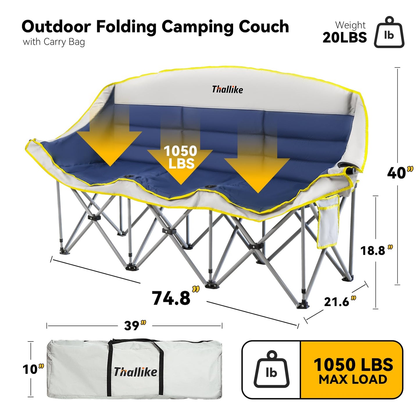 Thallike Double Camping Chair – 2-3 Person Outdoor Folding Sofa with Cup & Wine Glass Holders – Oversized Loveseat Camping Couch for Campfire, RV, Backyard – Supports Up to 1050 lbs