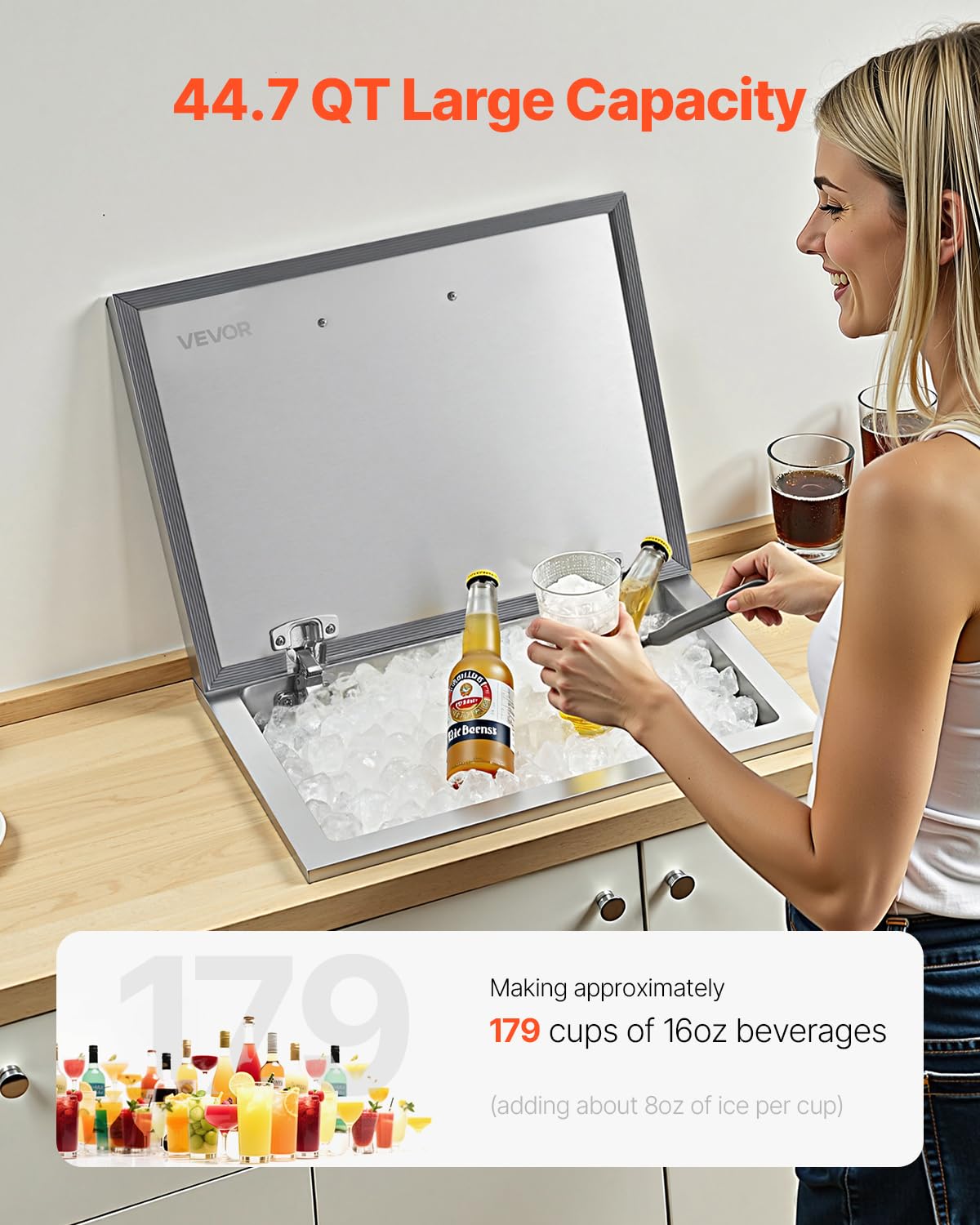 VEVOR Drop in Ice Chest, 20" L x 16" W x 13" H Stainless Steel Drop in Cooler, 44.7 Quart Commercial Ice Bin with Flip Lid for Outdoor Kitchen Patio Bar, Drain-Pipe Set Included, for Cold Wine Beer