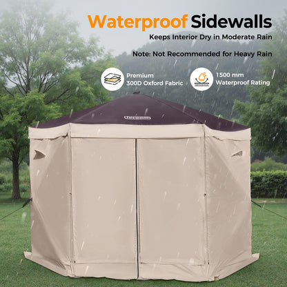Tecoom 10x10ft 6-Side Pop Up Gazebo Tent, Waterproof Instant Screen with Mosquito Netting, Portable Outdoor Canopy with 4 Removable Wind Cloths, Sun Shelter for Camping, Garden and Picnics, Khaki