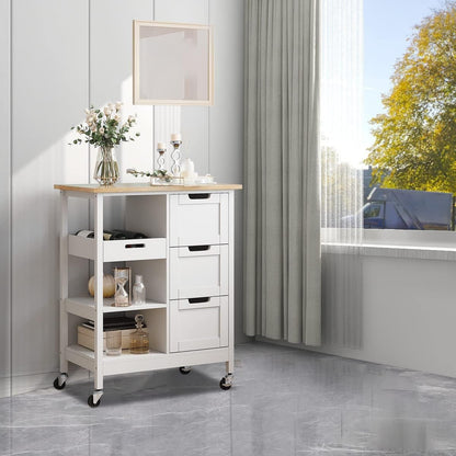 YITAHOME Small Solid Wood Top Kitchen Island Cart on Wheels with Storage, Rolling Portable Dining Room Serving Utility Carts Mobile Movable with 3 Drawers Cabinet, Oak & White