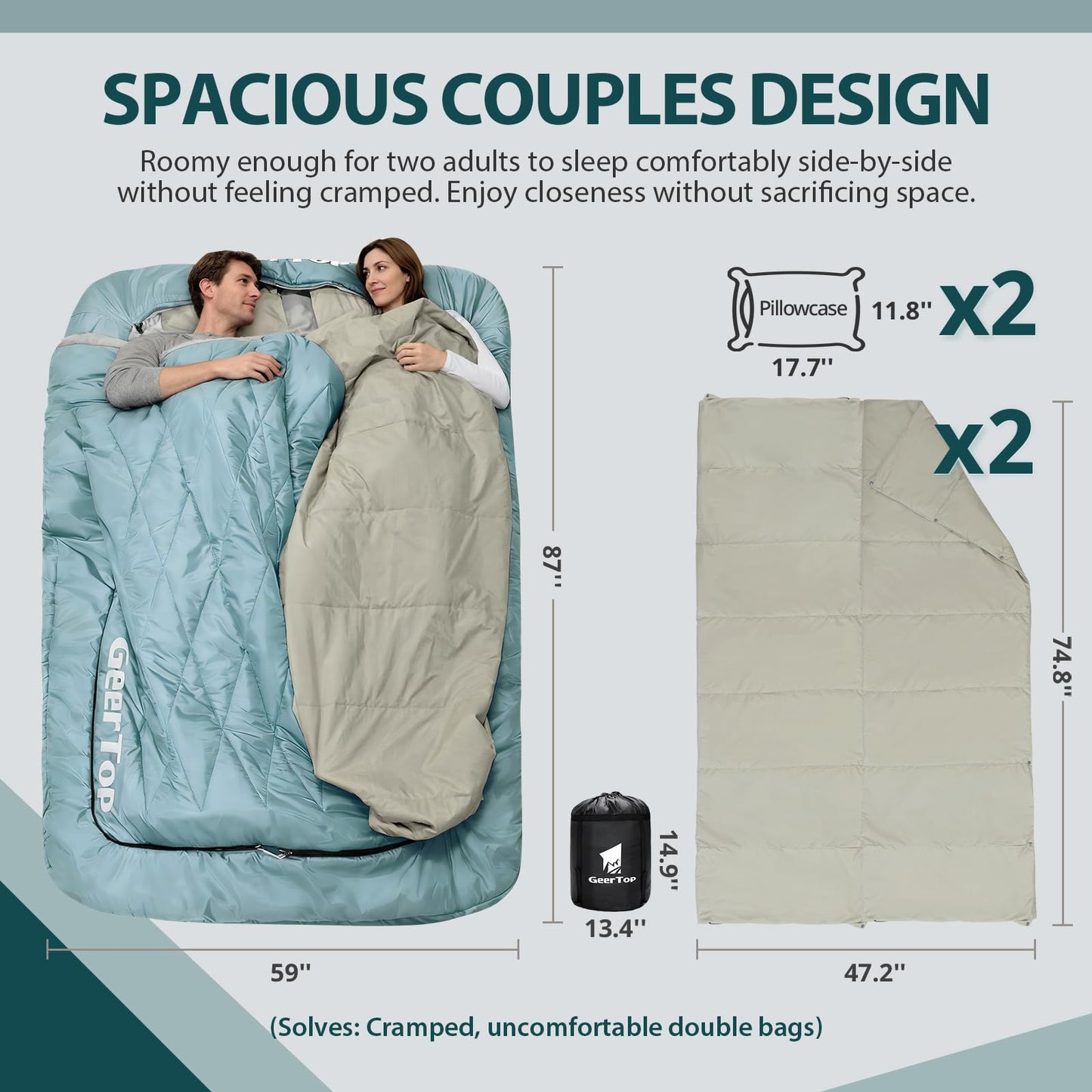 GEERTOP 2 Person Sleeping Bag with Dual Comfort Layer for Couples Adults - 4 Season Cold & Warm Weather Camping Hiking Backpacking Double Sleeping Bag