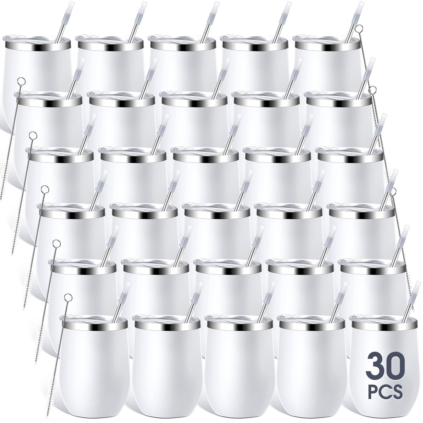 Inbagi 30 Pack 12 oz Stainless Steel Tumblers Bulk with Lids and Straws, Double Wall Insulated Wine Tumblers for Wedding Party Favors, Bridal Shower, Birthday Event Gifts