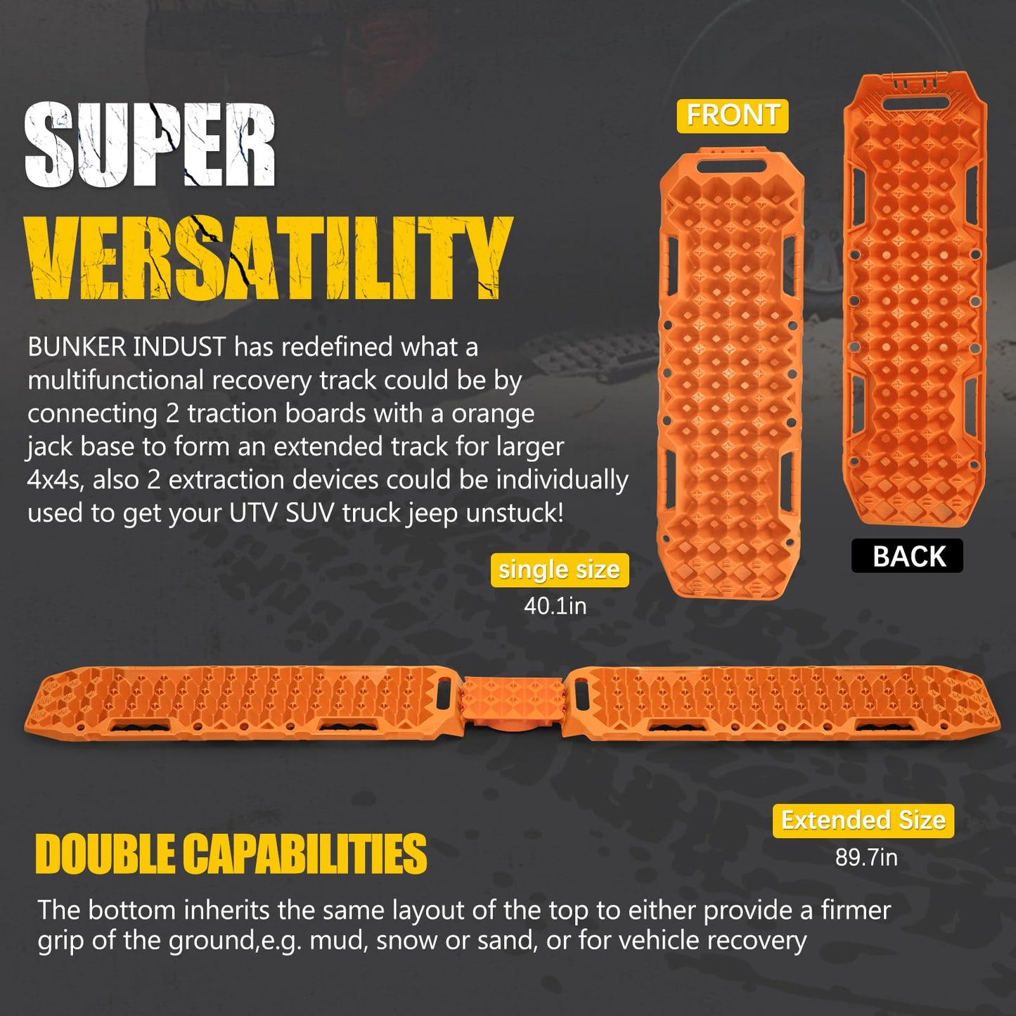 BUNKER INDUST Off-Road Traction Boards with Jack Lift Base,2 Pcs Multifunctional Recovery Track for 4WD UTV SUV Truck-Mud, Snow, Sand Tracks Orange Tire Traction Mat with Carry Bag (Gen 9th)
