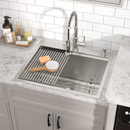 Talllor 25 Inch Drop In Laundry Sink with Faucet - 12" Deep Workstation 16 Gauge T-304 Stainless Steel Single Bowl Utility Sink with All-In One Accessories for Laundry Room, Outdoor, Garage #TLT-0063