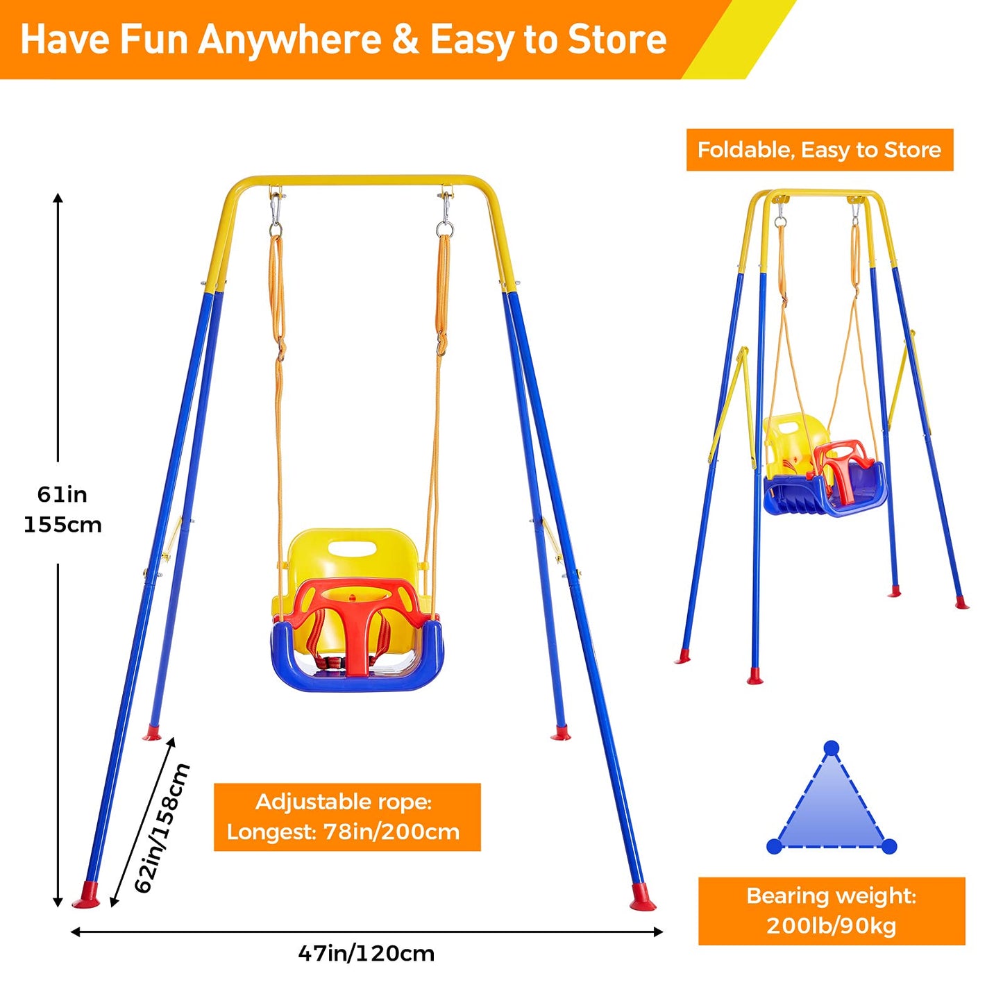 FUNLIO Toddler Swing with Foldable Metal Stand for Toddlers Aged 1~10 Years, 3-in-1 Baby Swing Set with 4 Sandbags for Backyard/Indoor/Outdoor Play, Easy to Assemble & Store
