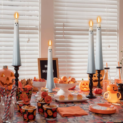 DRomance Halloween Ghost Flameless Taper Candles Flickering Battery Operated with Remote and Timer 3D Wick White Real Wax LED Taper Candles Halloween Dinner Decoration Indoor(2 Pack, 0.79"D x 9.5"H)