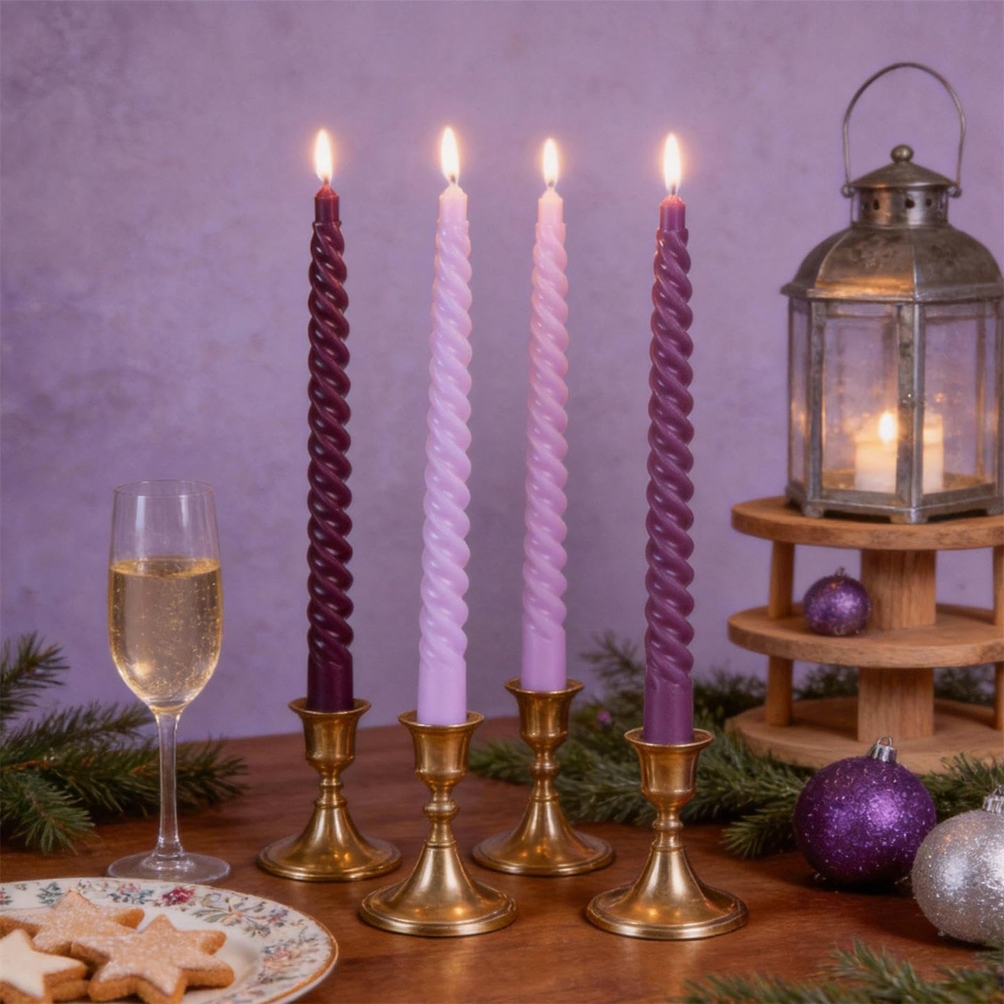 Purple Spiral Taper Candles, 10 inch Gradient Twisted Candles,4 Pack Unscented and Smokeless Long Burning Candles with Cotton Wicks,Tall Candlesticks,Ideal for Weddings, Dinner Parties, and Home Décor