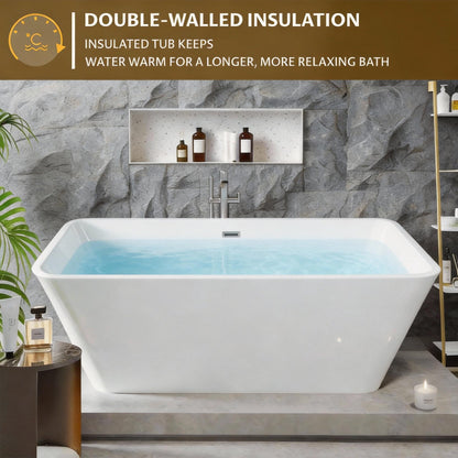 59" Freestanding Bathtub, Modern Soaking Bathtub, Freestanding Rectangular Tub with Non-Slip Base and Easy Drain, Deep Design for Adults, Ideal for Bathroom Relaxation, Chrome Drain, White