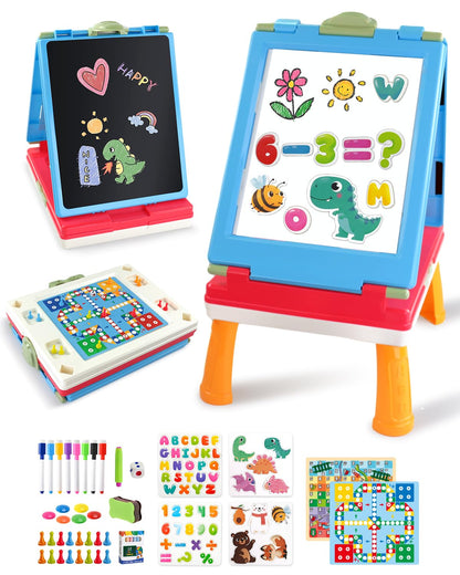 Elovien Easel for Kids, 4 in 1 Double Sided Toddler Art Easel with Chalkboard & Magnetic Whiteboard, Foldable Kids Tabletop Easel with Drawing & Writing Accessories - Gift for Boys and Girls (Blue)