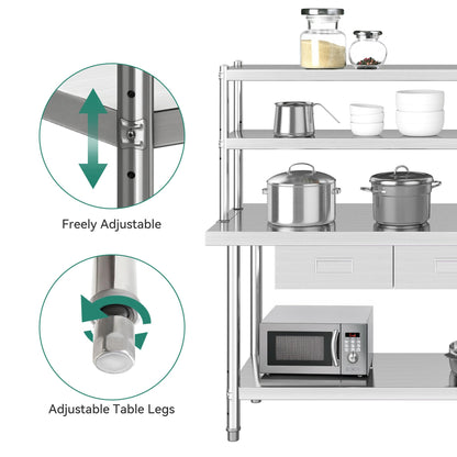 YITAHOME 72"x24" Stainless Steel Work Table with 3 Drawers & Upper Shelf, NSF-Certified Commercial Metal Table with 72"x12" Overshelf, Utility Prep Station