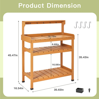 Frogprin Potting Bench Table, Extra-Large Outdoor Garden Potting Bench (HDPS) with 9 Hooks, All-Weather Garden Table Work Station, No Rust, No Fade, No Break (Teak, 35.6''X16.5''X45.5'')