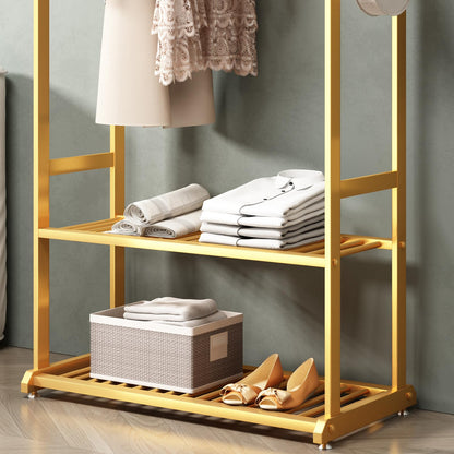 BUZUEY Gold Clothing Rack,Metal Garment Rack with Bottom Storage Shelves and 6 Side Hooks,modern Sturdy clothes racks for hanging clothes,Freestanding Wardrobe Rack for Bedroom or Boutique (L:39.4IN)