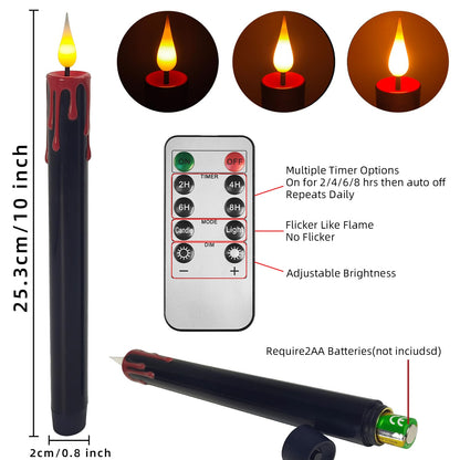 ODTRAM Flameless Taper Candles with 3D Flickering Effect Blood Dripping & 10-Key Remote，Taper Candles Battery Operated for Halloween Spooky Horror Home Decoration - Set of 6 Black(0.8" x 10")