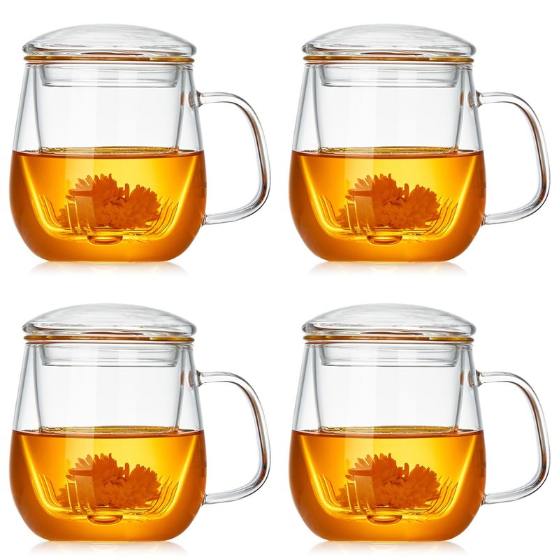 DOPUDO Glass Teacups 4 Pack Glass Tea Cup with Infuser and Lid, 17.6oz/520ml Large Borosilicate Teacup,Tea Clear Mug Cup for Loose Leaf Blooming Tea, Microwave & Dishwasher Safe.