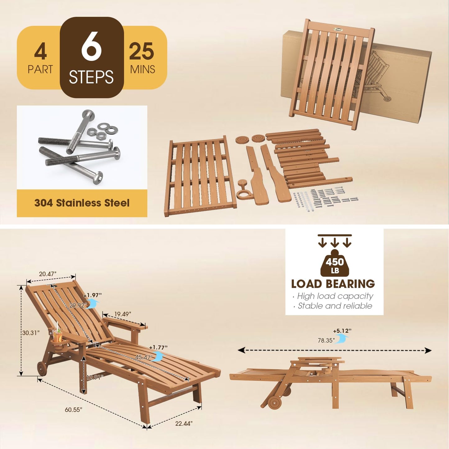 THOEOE Patio Chaise Lounge Chair, Oversized Lounge Chair Outdoor with 5 Positions, 78″ Long, HDPE, Patio Lounge Chair with Wheels & Cup Holder for Pool, Deck, Poolside,Wood