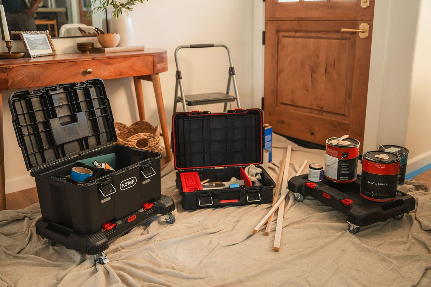 Keter Stack-n-Roll 3-Piece Rolling Tool Storage System – Includes Dolly, Tool Box & Deep Power Tool Case | Modular Mobile Tool Organizer | Stackable Design for Garage, Jobsite & Workshop