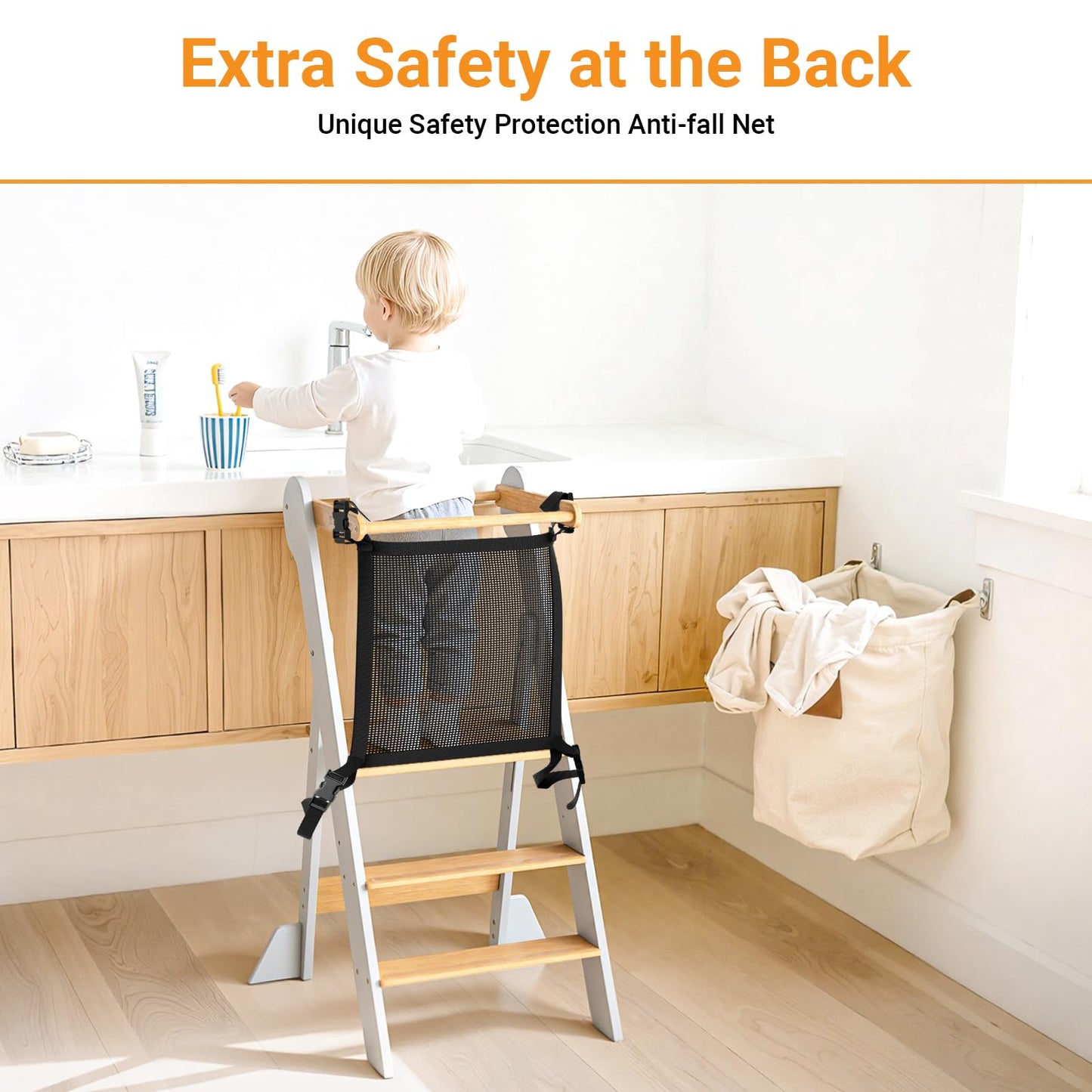 COSYLAND Foldable Toddler Kitchen Stool Helper - Height Adjustable Standing Tower for Bathroom Sink or Kitchen Counter - Step Stool for Toddlers Ages 18 Months to 6 Years White & Natural