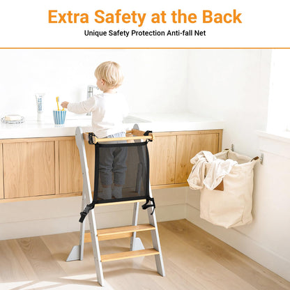 COSYLAND Foldable Toddler Kitchen Stool Helper - Height Adjustable Standing Tower for Bathroom Sink or Kitchen Counter - Step Stool for Toddlers Ages 18 Months to 6 Years White & Natural