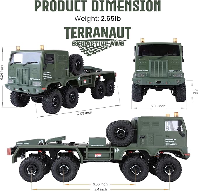 HOBBYPLUS Helidirect 1/18 RC Crawler CR18P Terranaut 8x8 RC Truck Remote Control Car w Full-Lock 8WD RTR Active All-Wheel Steering 2-Speed Transmission Recovery Winch LED Lights (Green)