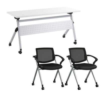 Bush Business Furniture Folding Training Table Set for 2, 60 inch, 2 Mesh Back Folding Chairs with Arms, Commercial-Grade Bundle for Office or Classroom, Envision Collection, White