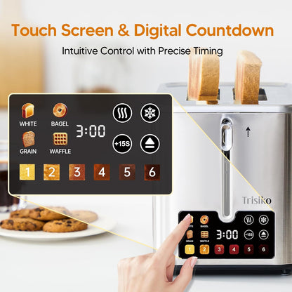 Trisiko® Touch Screen Toaster - 2 Slice Stainless Steel Smart Toaster with Digital Timer & Extra-Wide Slots