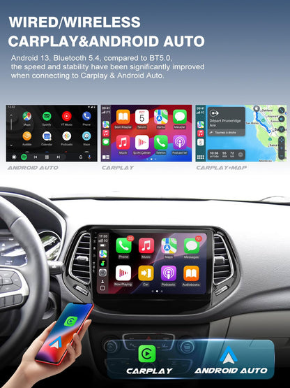 5G WiFi(6) Car Radio for Jeep Compass 2017-2020, Android13/Wireless CarPlay/Android Auto/Touch Screen/GPS Navigation/Bluetooth/FM/HD Backup Camera (2Ram+64Rom)