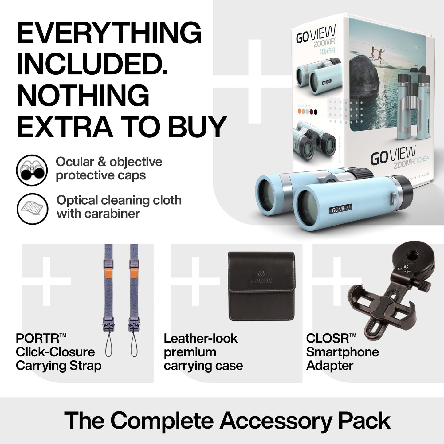 GOVIEW ZOOMR 10x34 Binoculars for Adults | Lightweight | BAK4 Prism with Fully Multi-Coated Optics | Smartphone Adapter Compatible | Waterproof IPX5/6 PORTR™ Strap with Easy Click Closure - Miami Blue