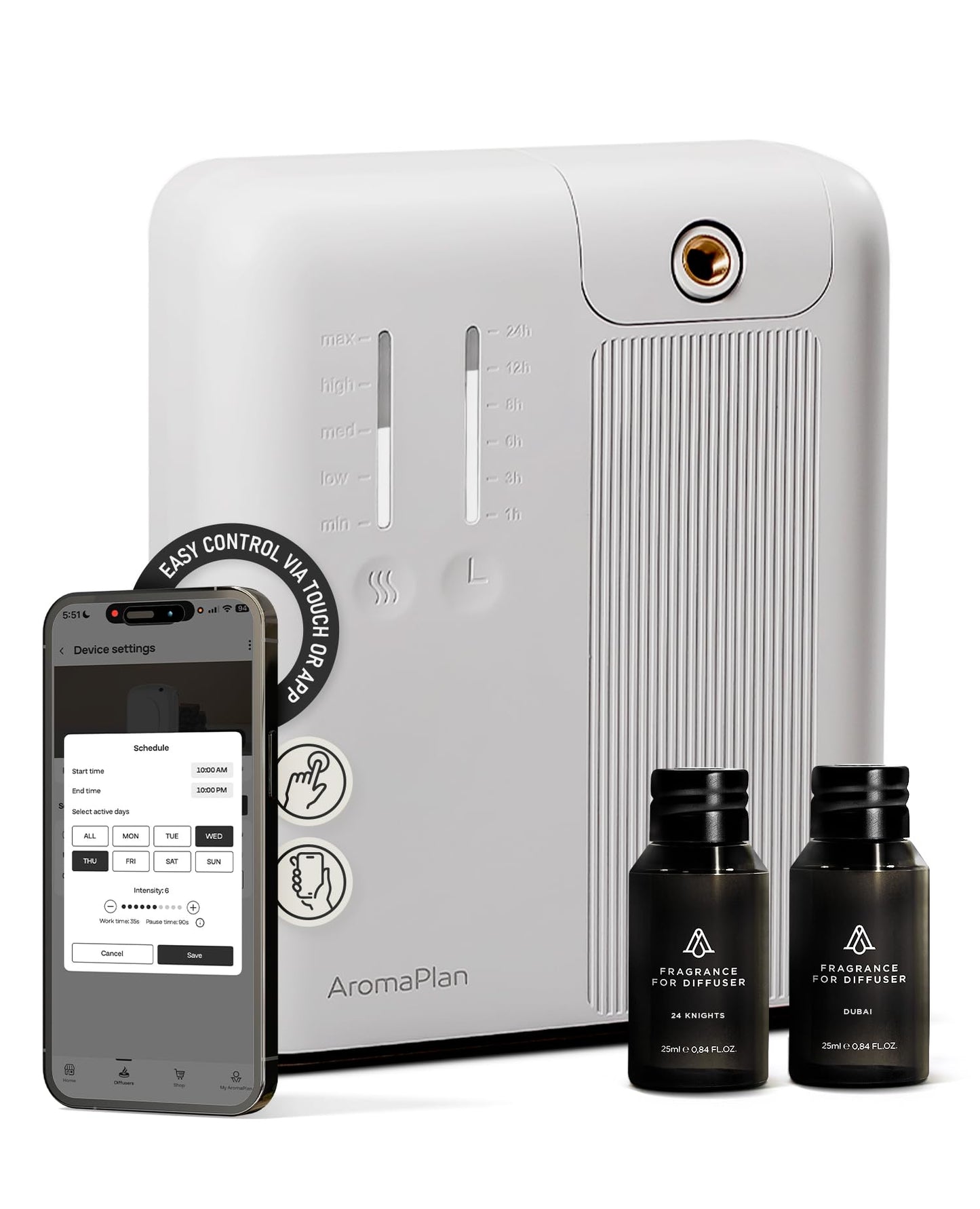 AromaPlan 2025 HVAC Waterless Oil Diffuser, Smart Scent Air Machine (2 Fragrances Included)- Whole House & Commercial Hotel Collection Diffuser| Cold Air Tech, App & Tourch Control,2000 Sq. Ft -Black