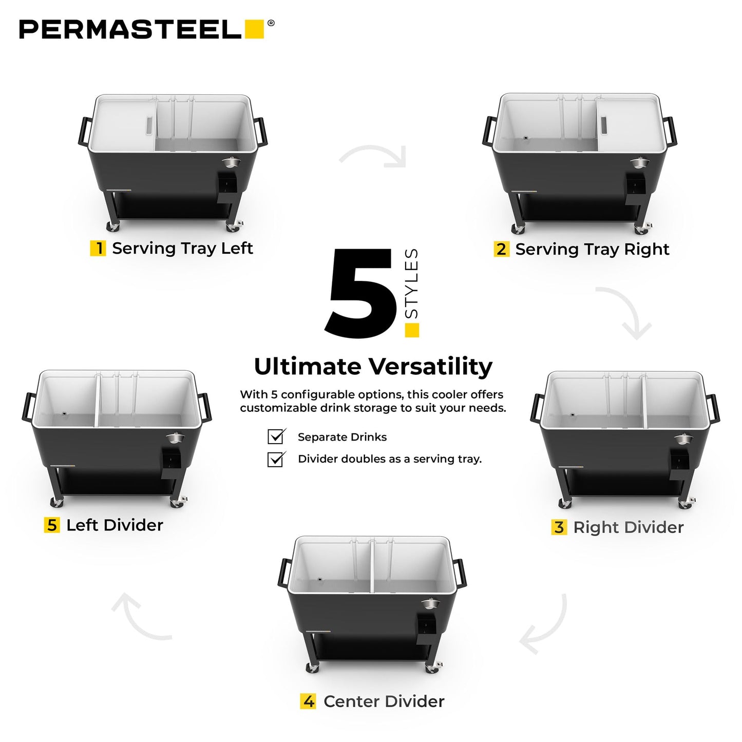 Permasteel Party Cooler with Divider, Removable Basin, Spacious 80-Qt Capacity, Chills 36hrs, Serving Tray, Rolling Ice Chest for Indoor & Outdoor, Matte Black