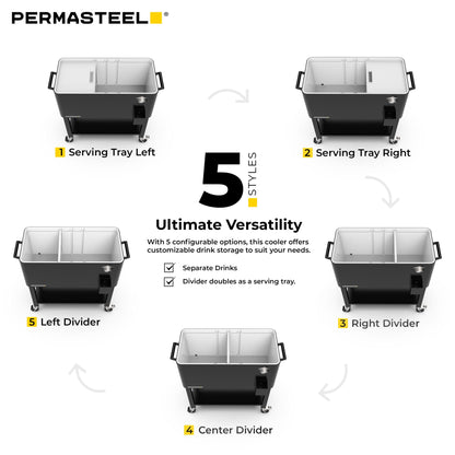 Permasteel Party Cooler with Divider, Removable Basin, Spacious 80-Qt Capacity, Chills 36hrs, Serving Tray, Rolling Ice Chest for Indoor & Outdoor, Matte Black