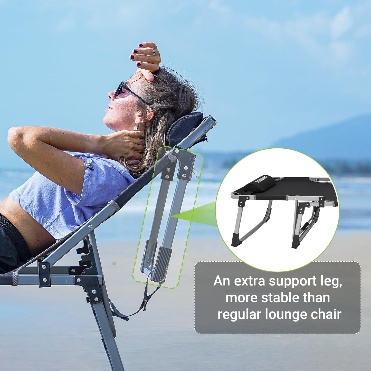 FUNDANGO Oversize Lounge Chair Outdoor, 300 lbs Large Camping Cots for Adults Heavy Duty Extra Wide Sturdy with Pillow for Outside Patio Beach Pool