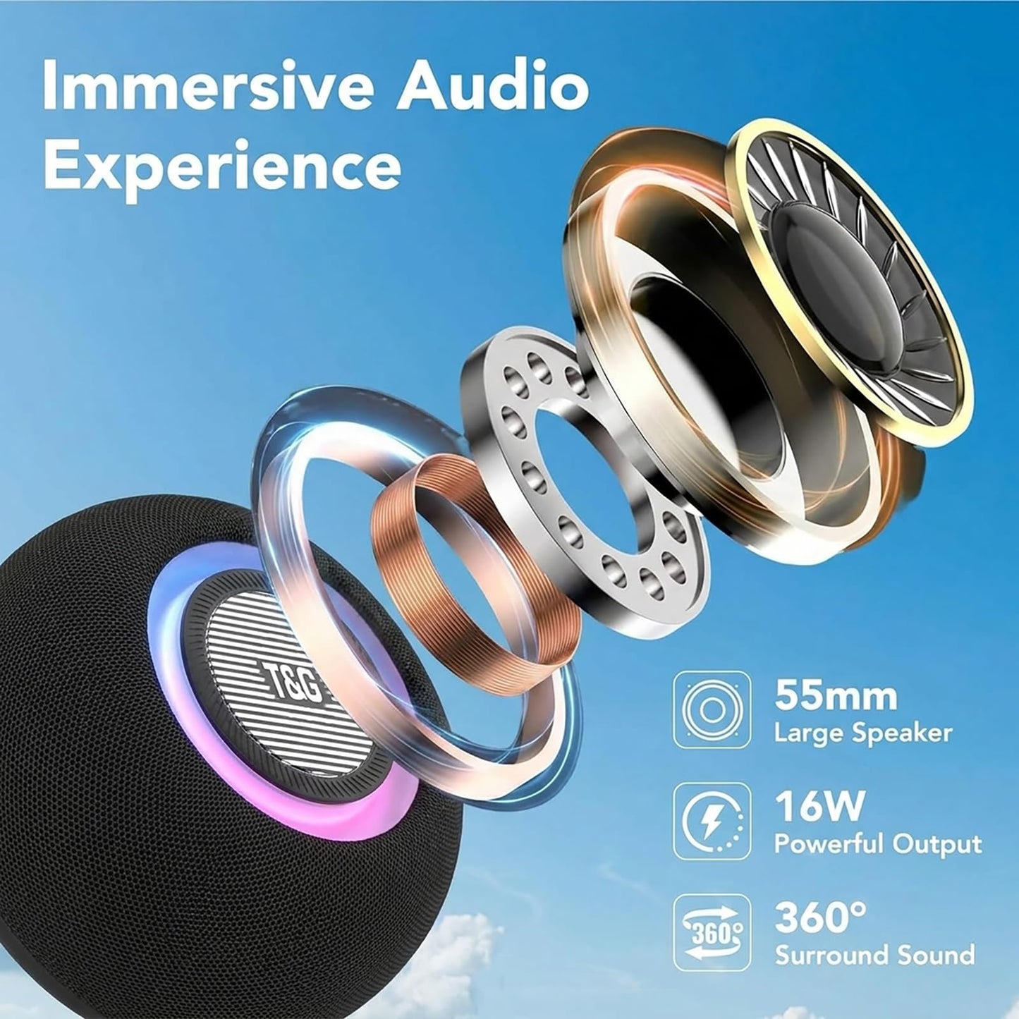 T&G Portable Bluetooth Magnetic Speaker with Pulsing Lights, Stocking Stuffers, IPX4 Waterproof, All Day Playtime, BT 5.3, TWS Paring, Mini Wireless Loud Speaker for Home/Outdoor/Camping/Party-Grey