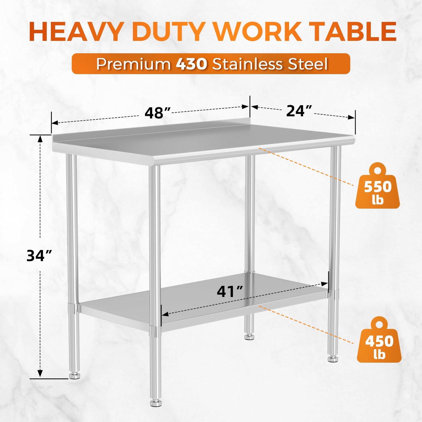 HOCCOT All Stainless Steel Work Table Heavy Duty Prep Table 24x48 Inch with Stainless Steel Undershelf Backsplash Replaceable Feet(Without Caster) Commercial Workstation for Restaurant Kitchen Outdoor