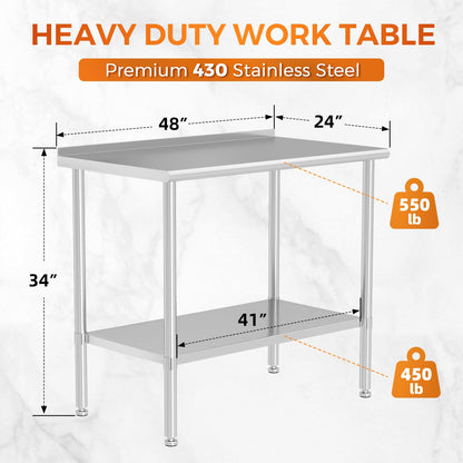 HOCCOT All Stainless Steel Work Table Heavy Duty Prep Table 24x48 Inch with Stainless Steel Undershelf Backsplash Replaceable Feet(Without Caster) Commercial Workstation for Restaurant Kitchen Outdoor