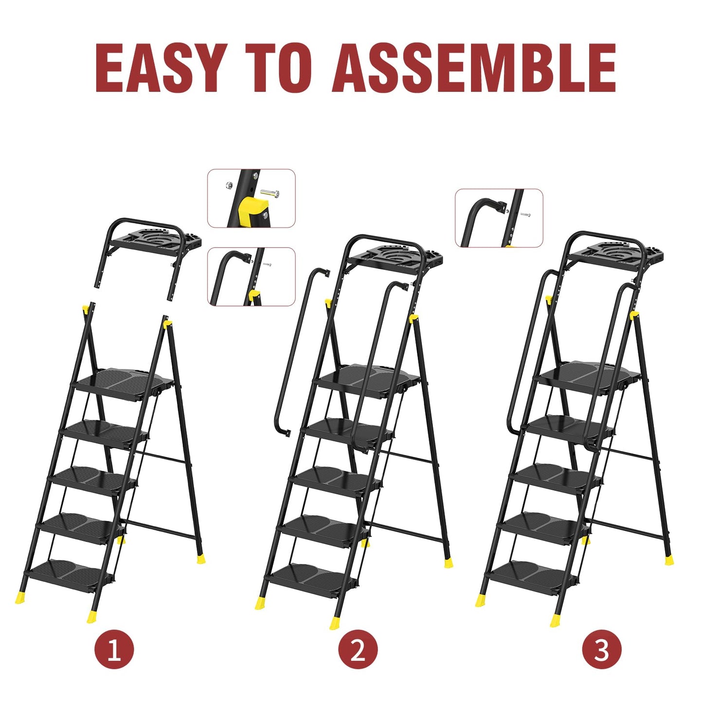 5 Step Foldable Step Ladder Stool with Roomy Tool Tray and Secure Handrail, Foldable Platform Ladder 5 Step Folding Stepstools with Wide Pedals and 800lbs Weight Capacity for Adults, Home, Kitchen