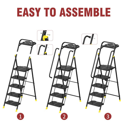 5 Step Foldable Step Ladder Stool with Roomy Tool Tray and Secure Handrail, Foldable Platform Ladder 5 Step Folding Stepstools with Wide Pedals and 800lbs Weight Capacity for Adults, Home, Kitchen