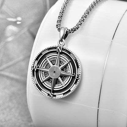 KINGWHYTE Compass Necklace for Men 925 Sterling Silver Necklaces Birthday Gifts Graduation Travel Jewelry for Husband Brother with Stainless Steel Chain 22"+2"