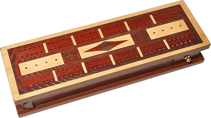 PALM ROYAL HANDICRAFTS - 2 Track Wooden Cribbage Board Set Inlaid in Blood Wood/Maple Wood Storage Available for Pegs and Cards