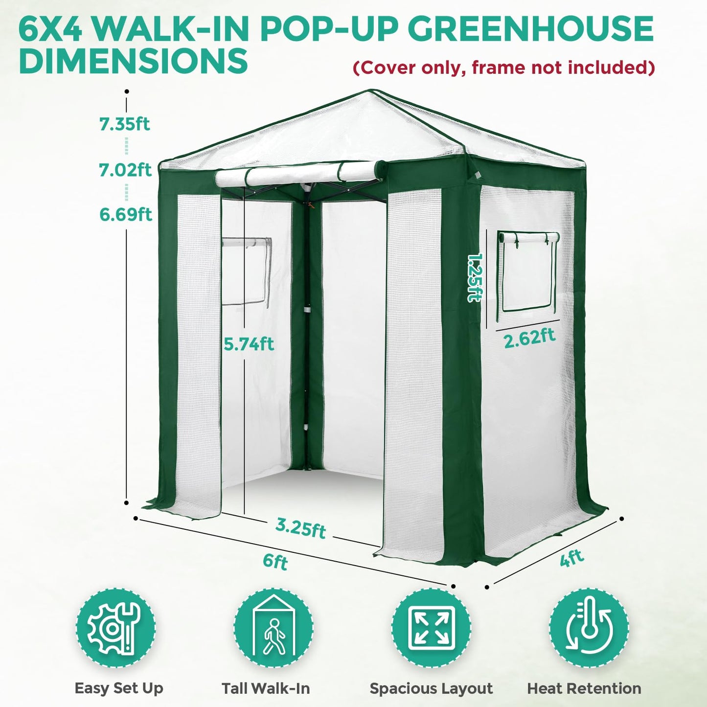 EAGLE PEAK Replacement Cover for 6x4 Portable Pop up Greenhouse with Polyester Reinforced Corners, Front Roll-Up Zipper Entry Door and 2 Roll-Up Side Windows (Frame Not Included), Green/White