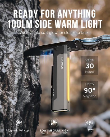 SCOUTLITE Vario GB 2000 EDC Flashlight with Green Beam, White and Warm LED Combo, 2000 Lumens Compact Magnetic Flat Pocket Lights, Triple Sources for Ourdoor Camping Inspection Emergency Work (Black)