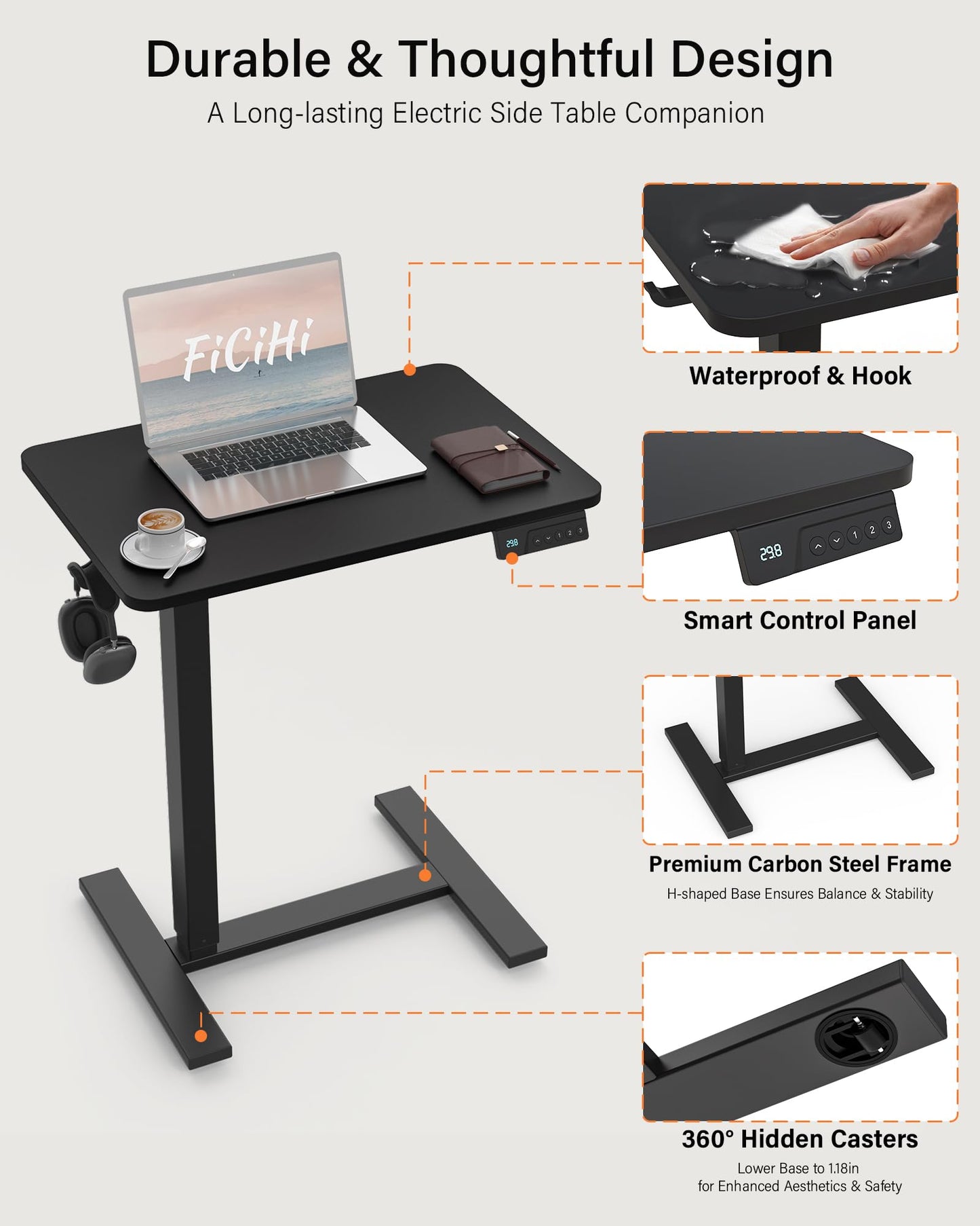 FiCiHi Electric Standing Desk with Wheels – Adjustable Height Mobile Sit-Stand Laptop Table, Portable Rolling Small Computer Workstation for Home Office & Bedside Use (24"x16", Black)