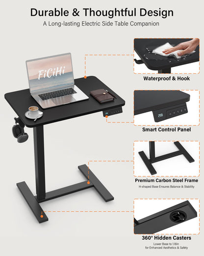 FiCiHi Electric Standing Desk with Wheels – Adjustable Height Mobile Sit-Stand Laptop Table, Portable Rolling Small Computer Workstation for Home Office & Bedside Use (24"x16", Black)