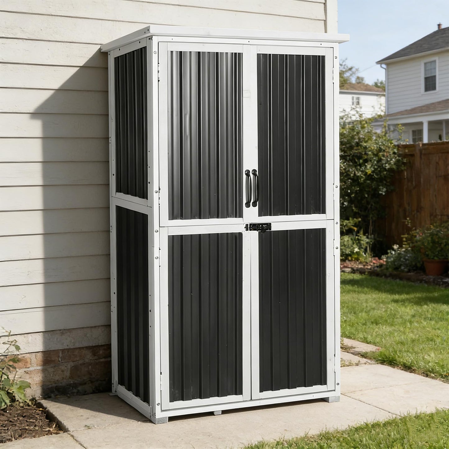 GUTINNEEN Outdoor Tool Cabinet, Heavy Duty Wood & Metal Frame Garden Storage Shed, Rustproof & Anti-Breakage for Tools & Equipment (Dark Black)