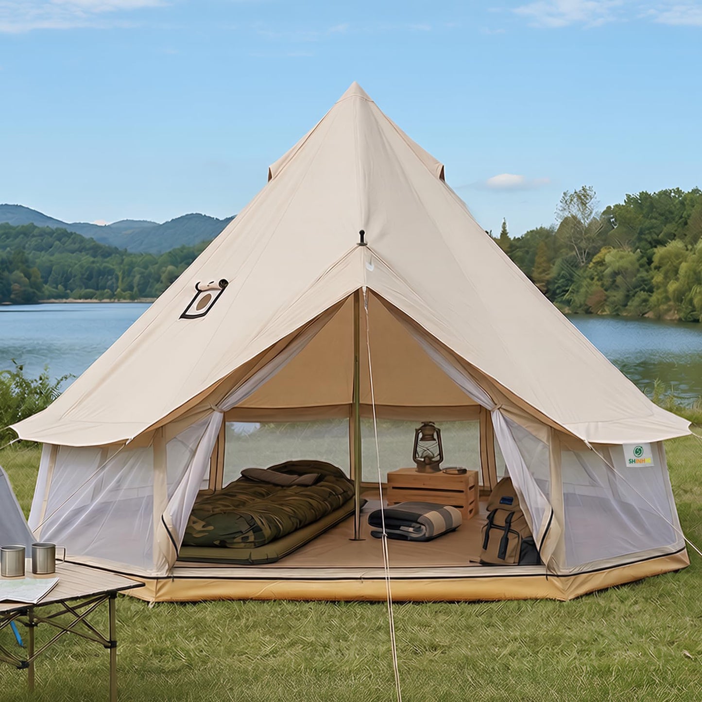 Canvas Bell Tent with Stove Jack, Glamping Yurt Tent for 360° Ventilated Mesh with Zipped Removable Floor, 4 Season Family House Hot Tents for All Year Living (Beige- 4M- 173 sq. ft yurt)