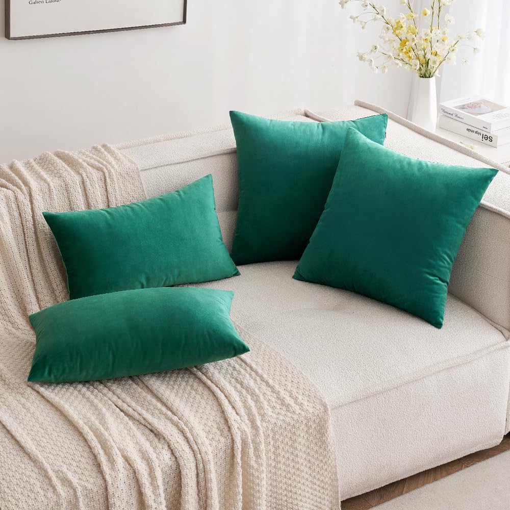 MIULEE Green Velvet Throw Pillow Covers - Soft Decorative Square Cushions | 12x12 Inch Set of 2